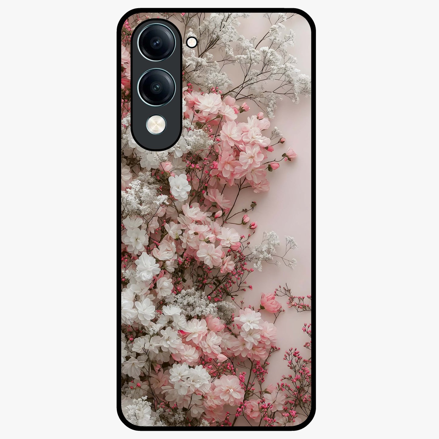 Blush Blossom Cloud Glass Case showing flat back view with dreamy blush cloud blossom artwork and glossy glass finish.