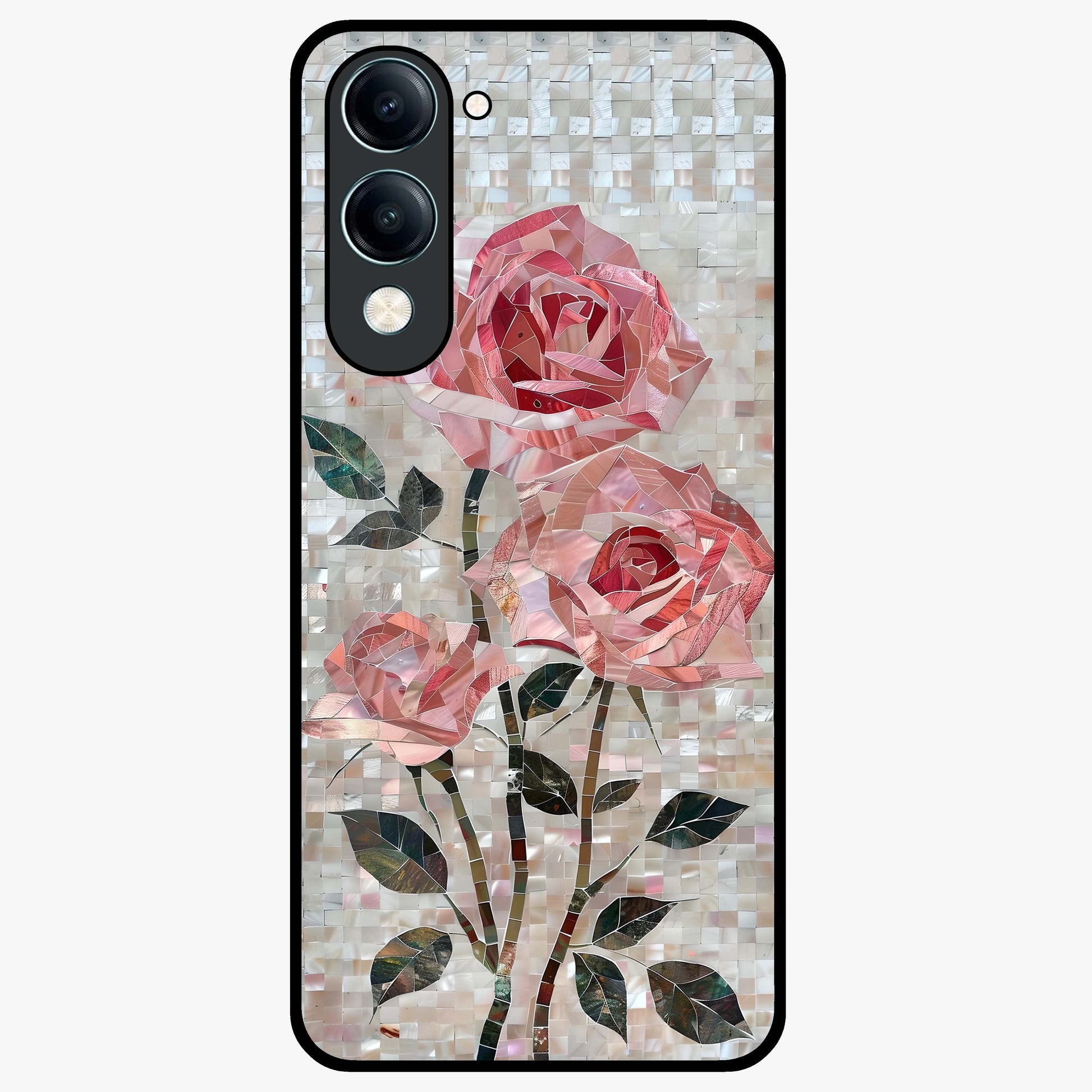 Blush Mosaic Bloom Glass Case showing flat back view with mosaic floral bloom artwork and glossy glass finish.