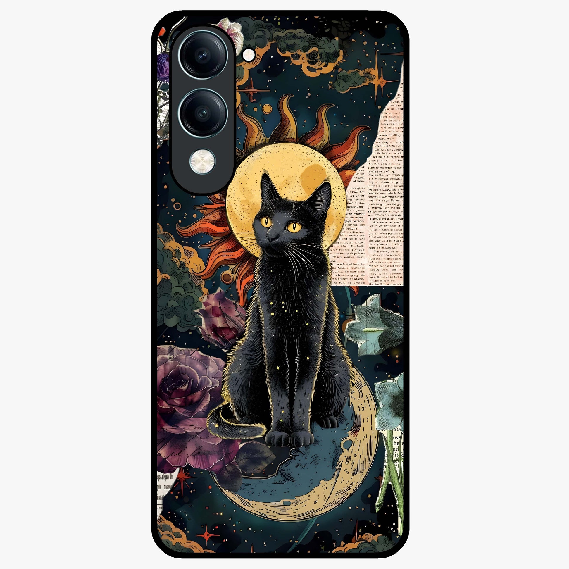 Celestial Black Cat Glass Case showing flat back view with mystical black cat artwork and glossy glass finish.
