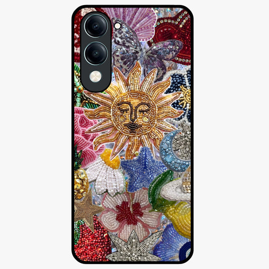 Celestial Floral and Playful Glass Case showing flat back view with floral and celestial themed artwork and glossy glass finish.