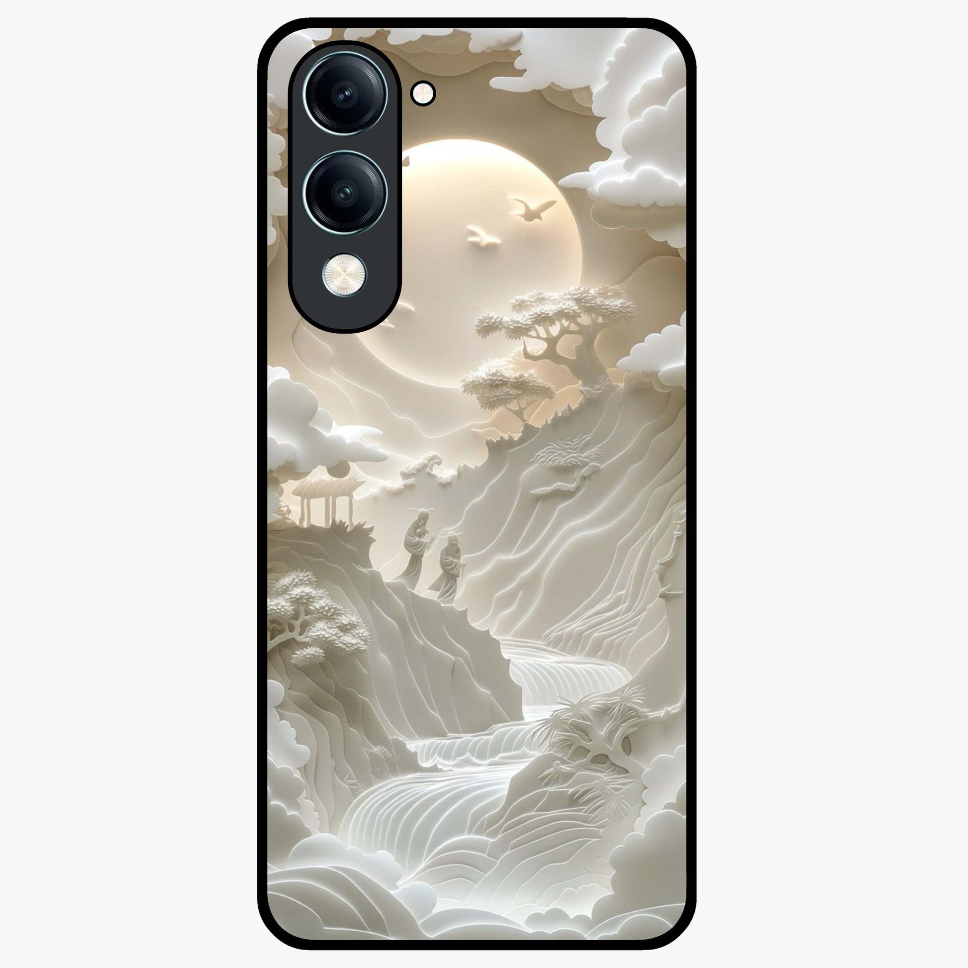 Celestial Origami Glass Case showing flat back view with artistic origami inspired celestial artwork and glossy glass finish.