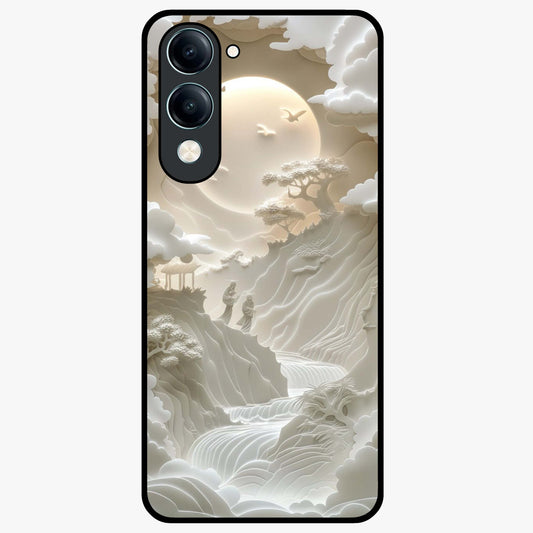 Celestial Origami Glass Case showing flat back view with artistic origami inspired celestial artwork and glossy glass finish.