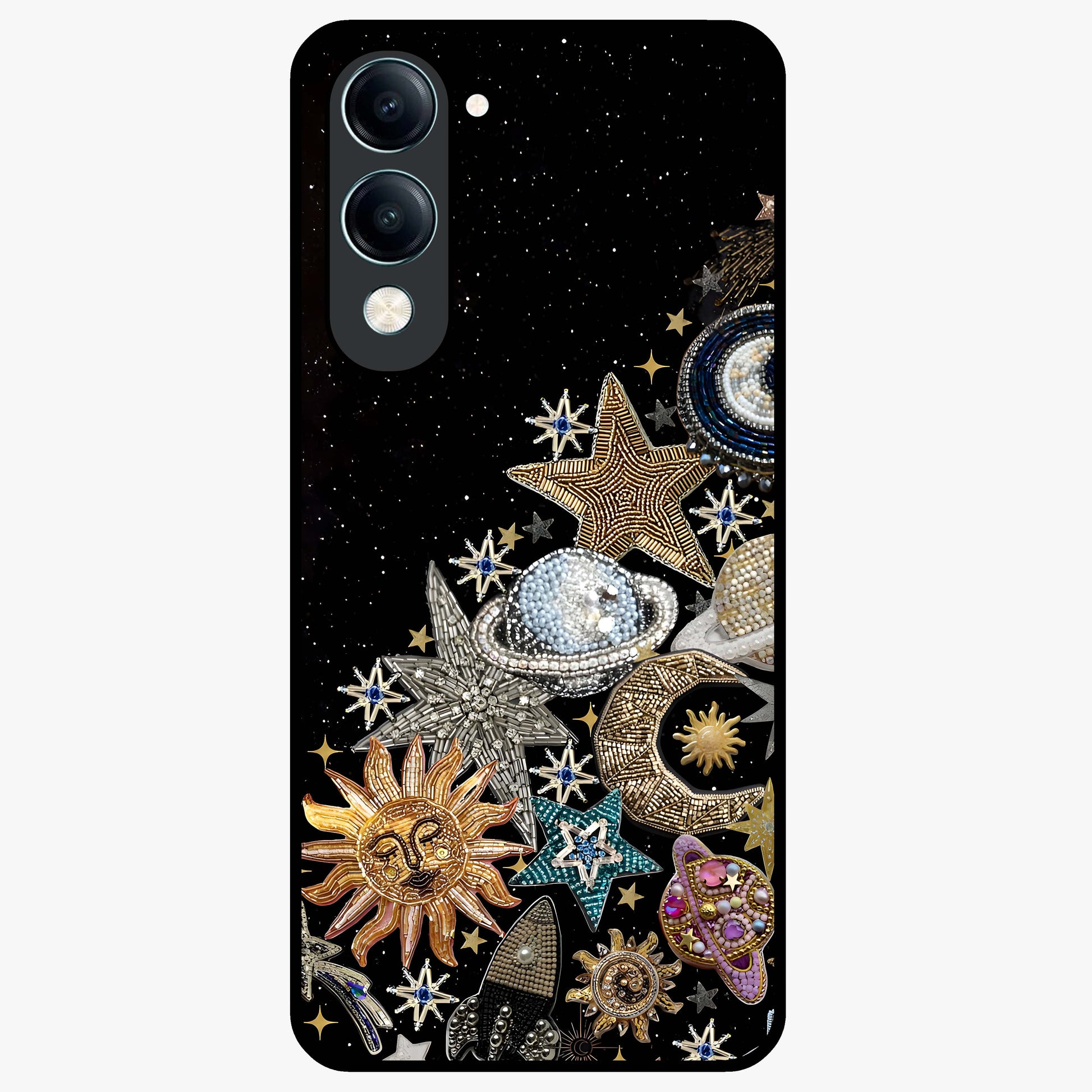 Cosmic Sparkle Dreams Glass Case showing flat back view with sparkling cosmic artwork and glossy glass finish.