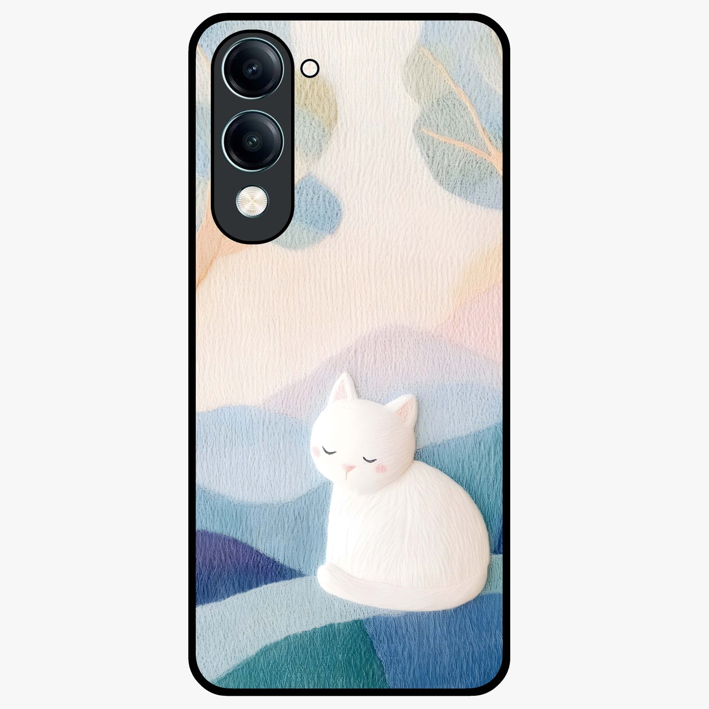 Cotton Dream Cat Glass Case showing flat back view with soft dreamy cat artwork and glossy glass finish.