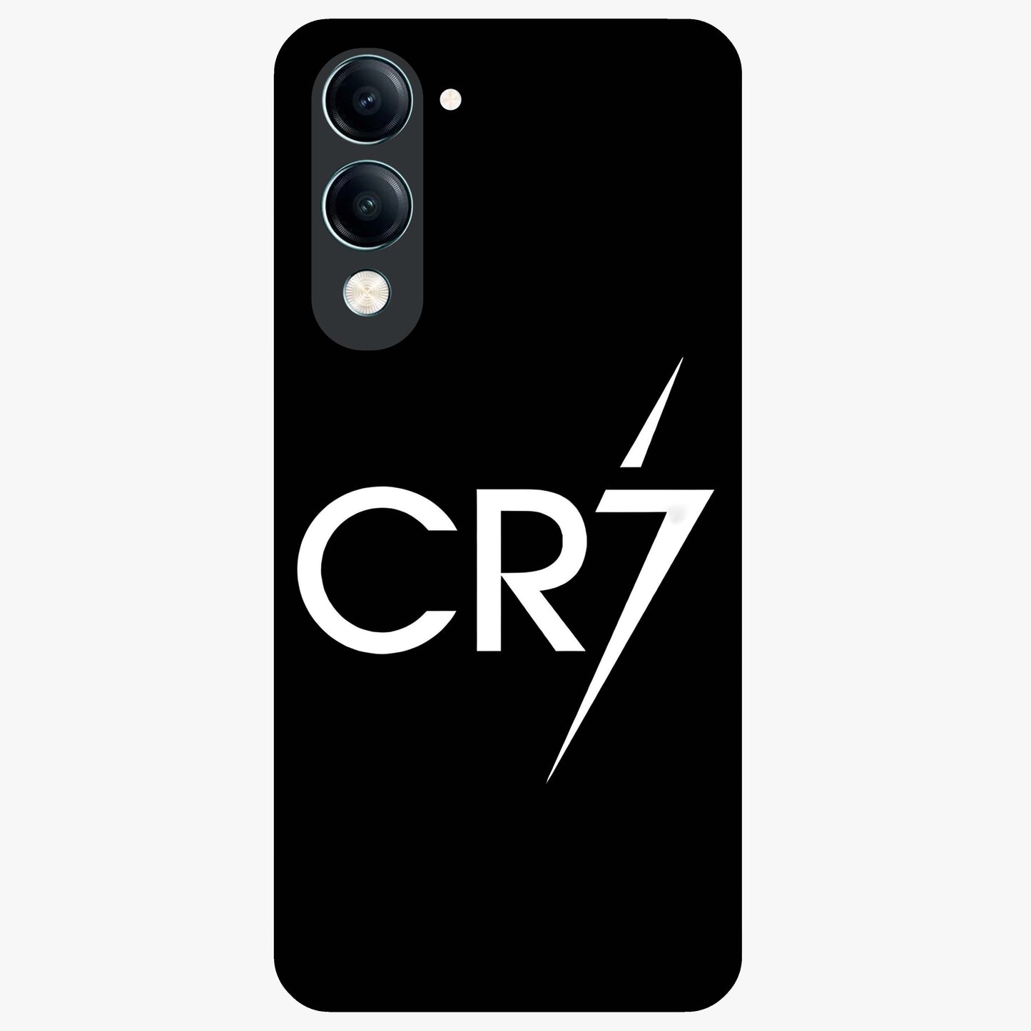 Cr7 Elite Strike Glass Case showing flat back view with dynamic football inspired artwork and glossy glass finish.