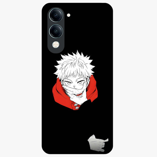 Crimson Chaos Smile Glass Case showing flat back view with bold chaotic smile artwork and glossy glass finish.