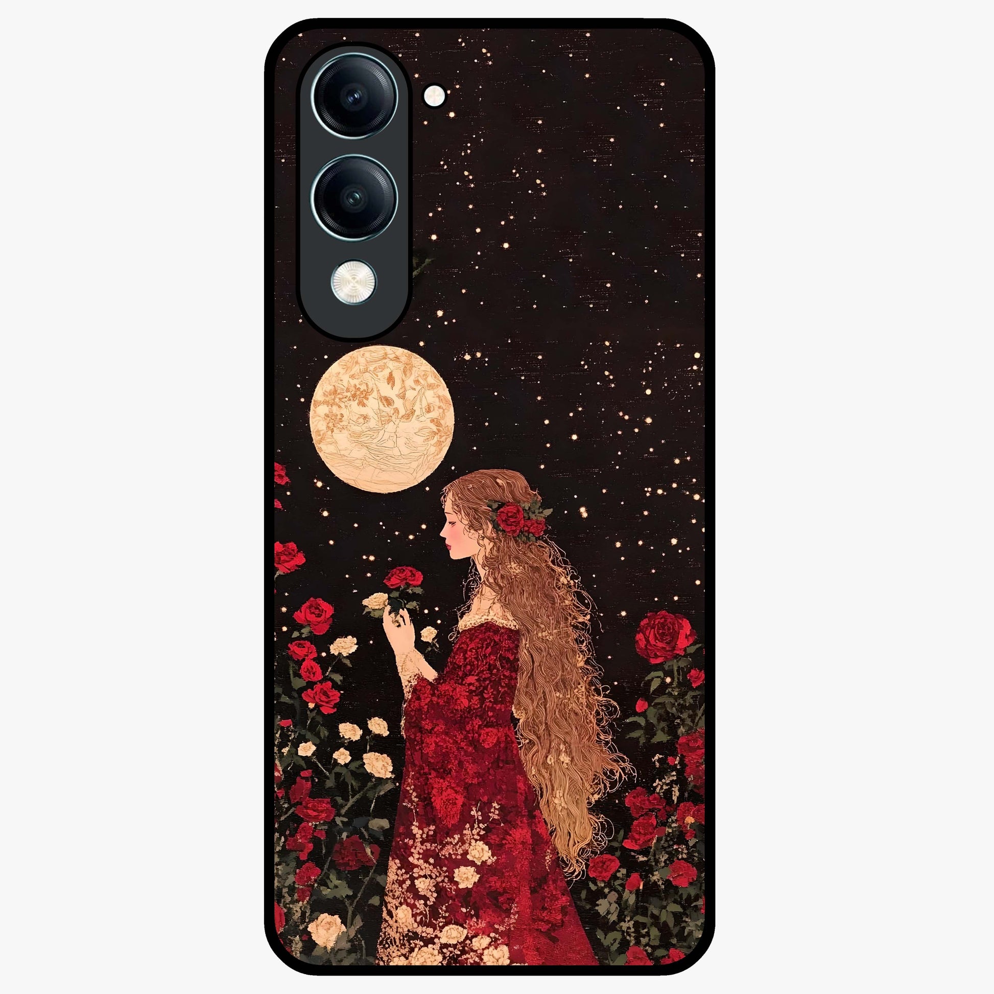 Crimson Dreams Glass Case showing flat back view with dreamy crimson artwork and glossy glass finish.