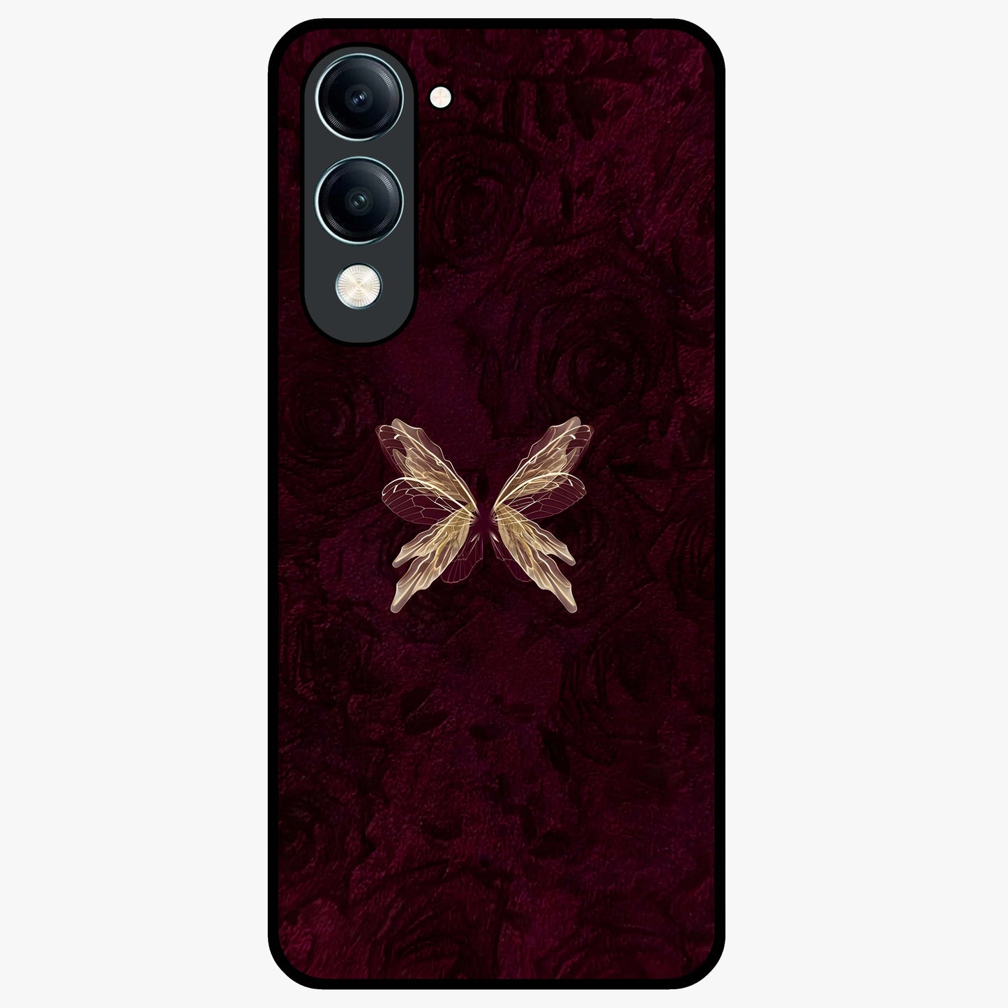 Crimson Fade Butterfly Glass Case showing flat back view with fading butterfly artwork and glossy glass finish.