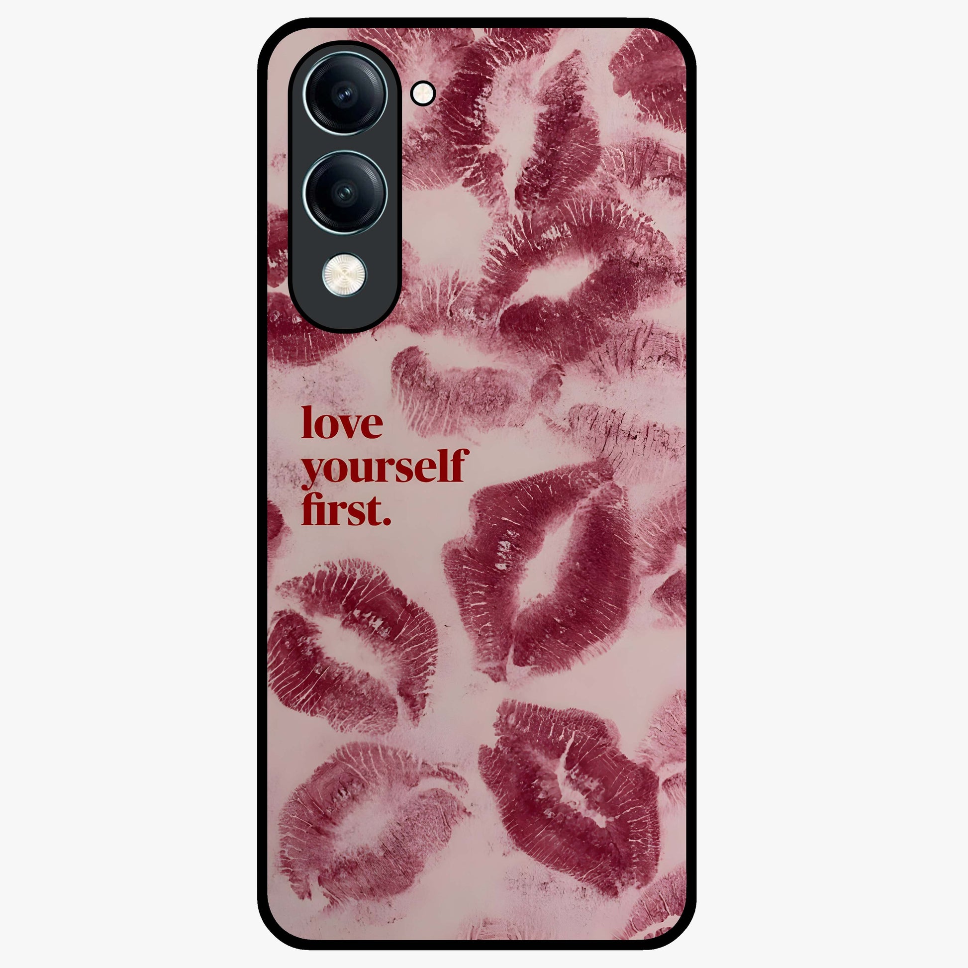 Crimson Kiss Love Glass Case showing flat back view with romantic crimson themed artwork and glossy glass finish.
