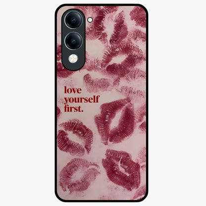 Crimson Kiss Love Glass Case showing flat back view with romantic crimson themed artwork and glossy glass finish.
