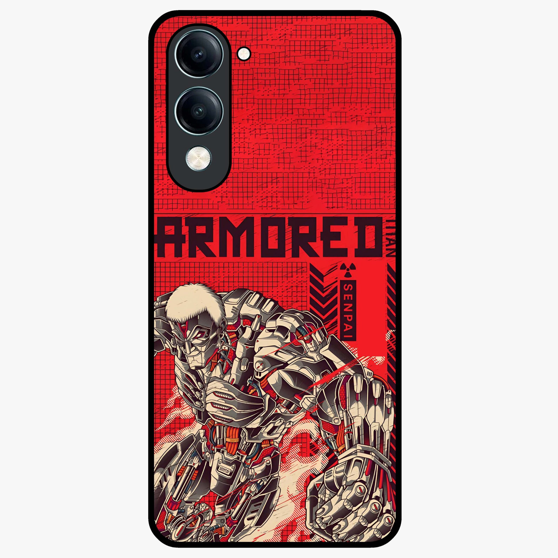 Crimson Mecha Titan Glass Case showing flat back view with powerful mech titan artwork and glossy glass finish.
