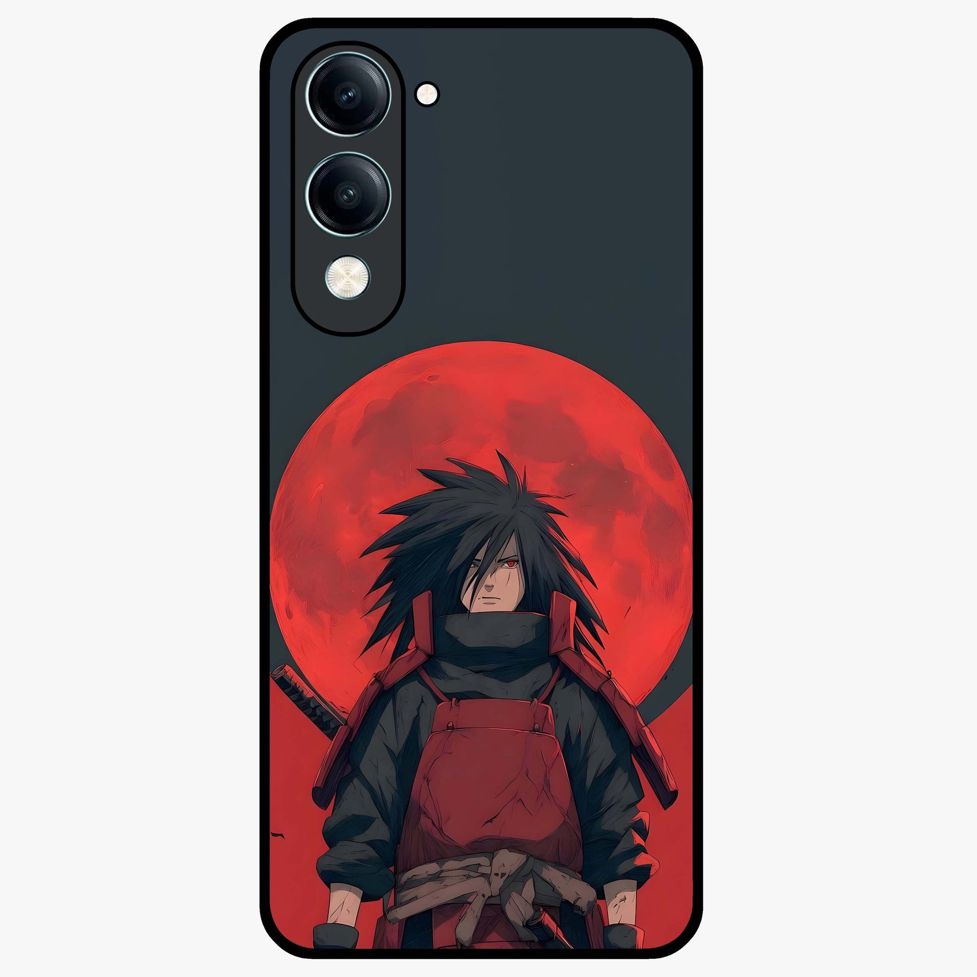 Crimson Moon Warlord Glass Case showing flat back view with mystical moon warrior artwork and glossy glass finish.