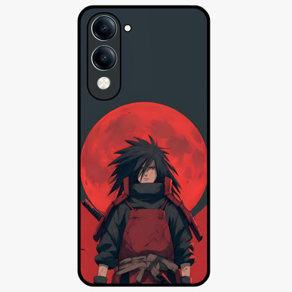 Crimson Moon Warlord Glass Case showing flat back view with mystical moon warrior artwork and glossy glass finish.