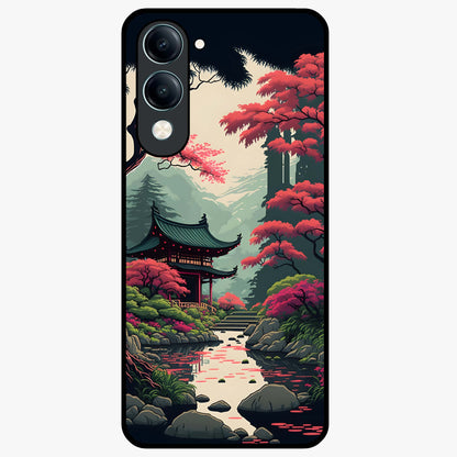 Crimson Temple View Glass Case showing flat back view with temple inspired artwork and glossy glass finish.