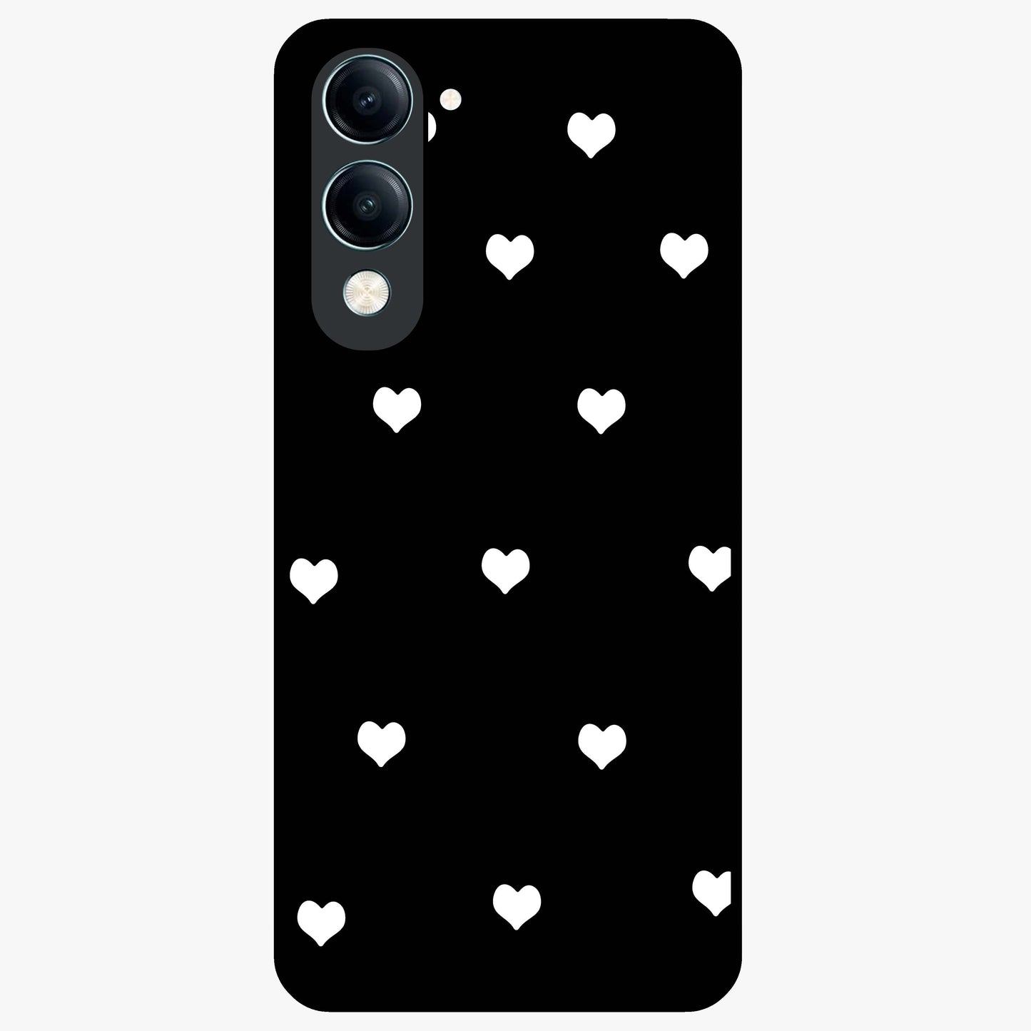 Cute And Simple White Hearts Glass Case showing flat back view with minimal white heart pattern and glossy glass finish.