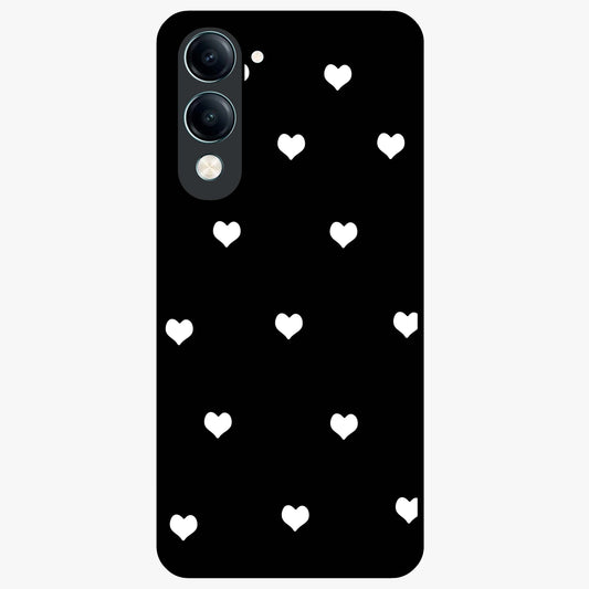 Cute And Simple White Hearts Glass Case showing flat back view with minimal white heart pattern and glossy glass finish.