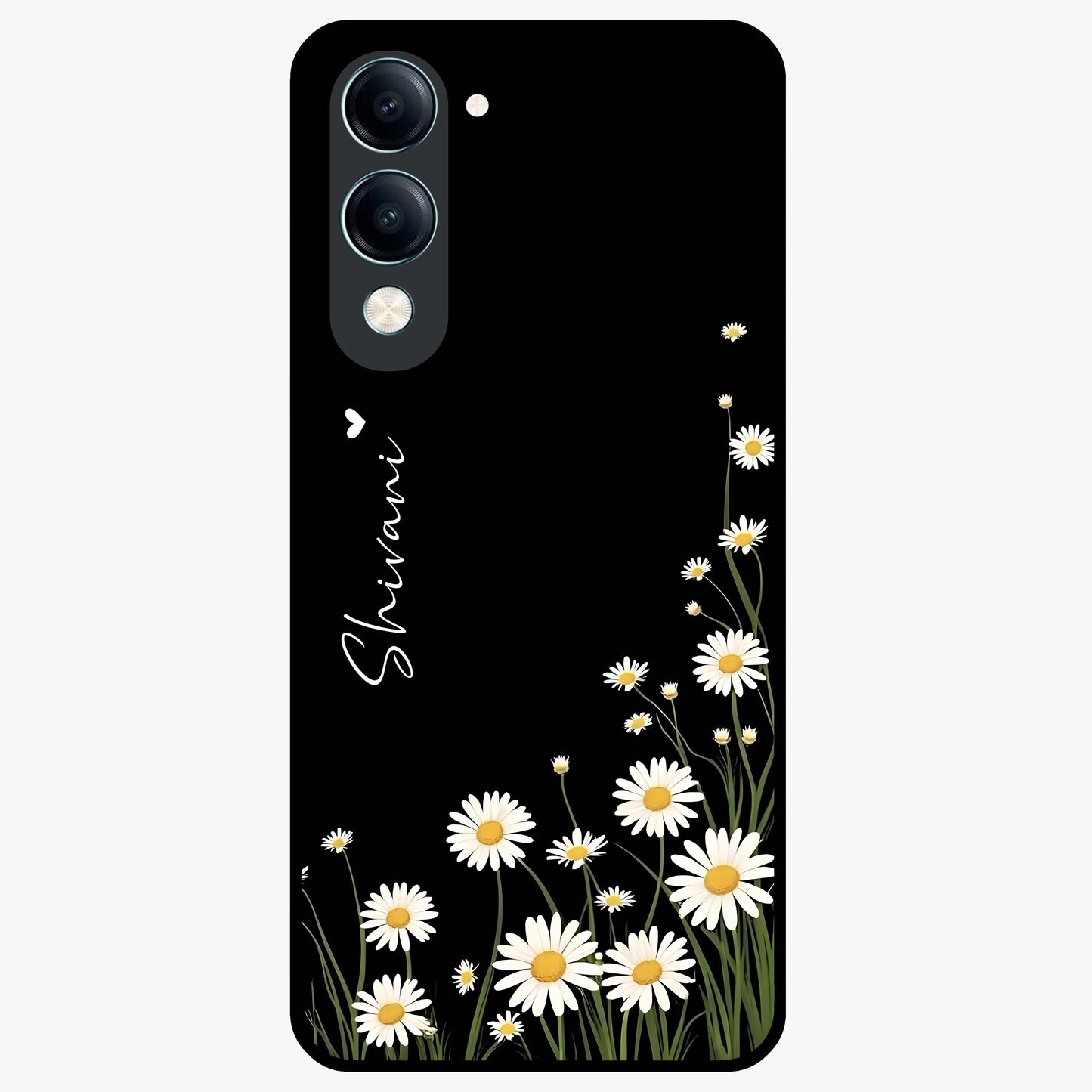 Daisy Cascade Custom Name Glass Case showing flat back view with cascading daisy flowers and personalized name design.