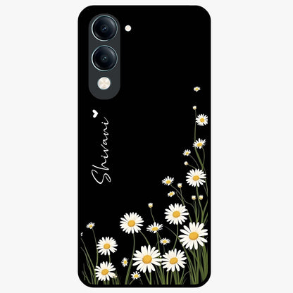 Daisy Cascade Custom Name Glass Case showing flat back view with cascading daisy flowers and personalized name design.