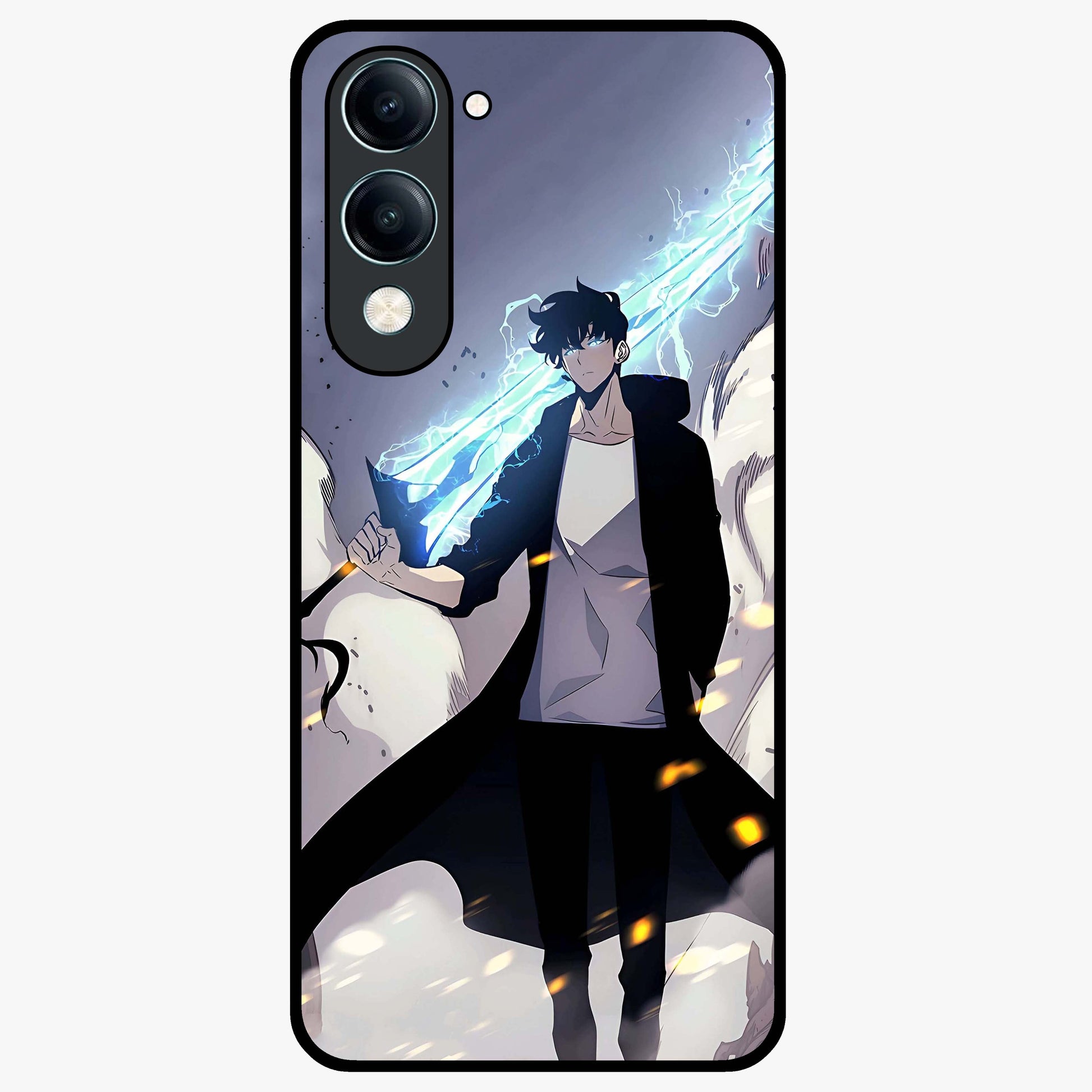 Dark Lightning Anime Warrior Glass Case showing flat back view with intense anime warrior artwork and glossy glass finish.