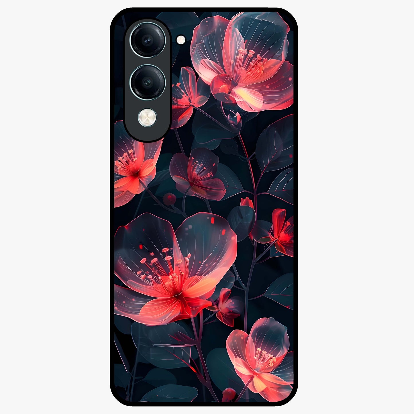 Dark Shade of Flower Glass Case showing flat back view with elegant dark floral artwork and glossy glass finish.