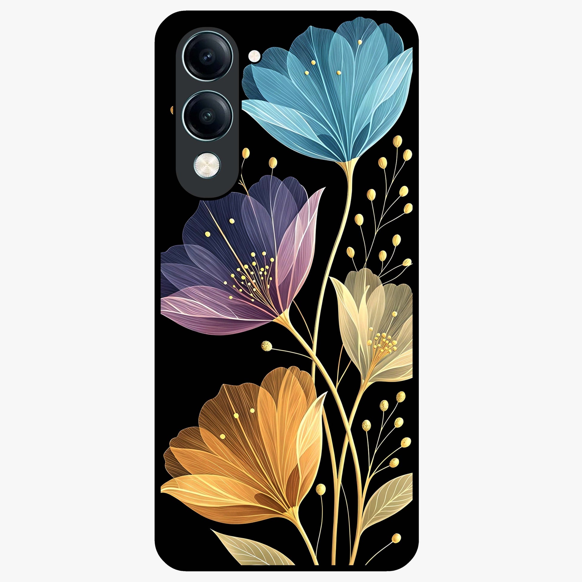 Delicate Multicolor Flowers Glass Case showing flat back view with vibrant floral artwork and glossy glass finish.