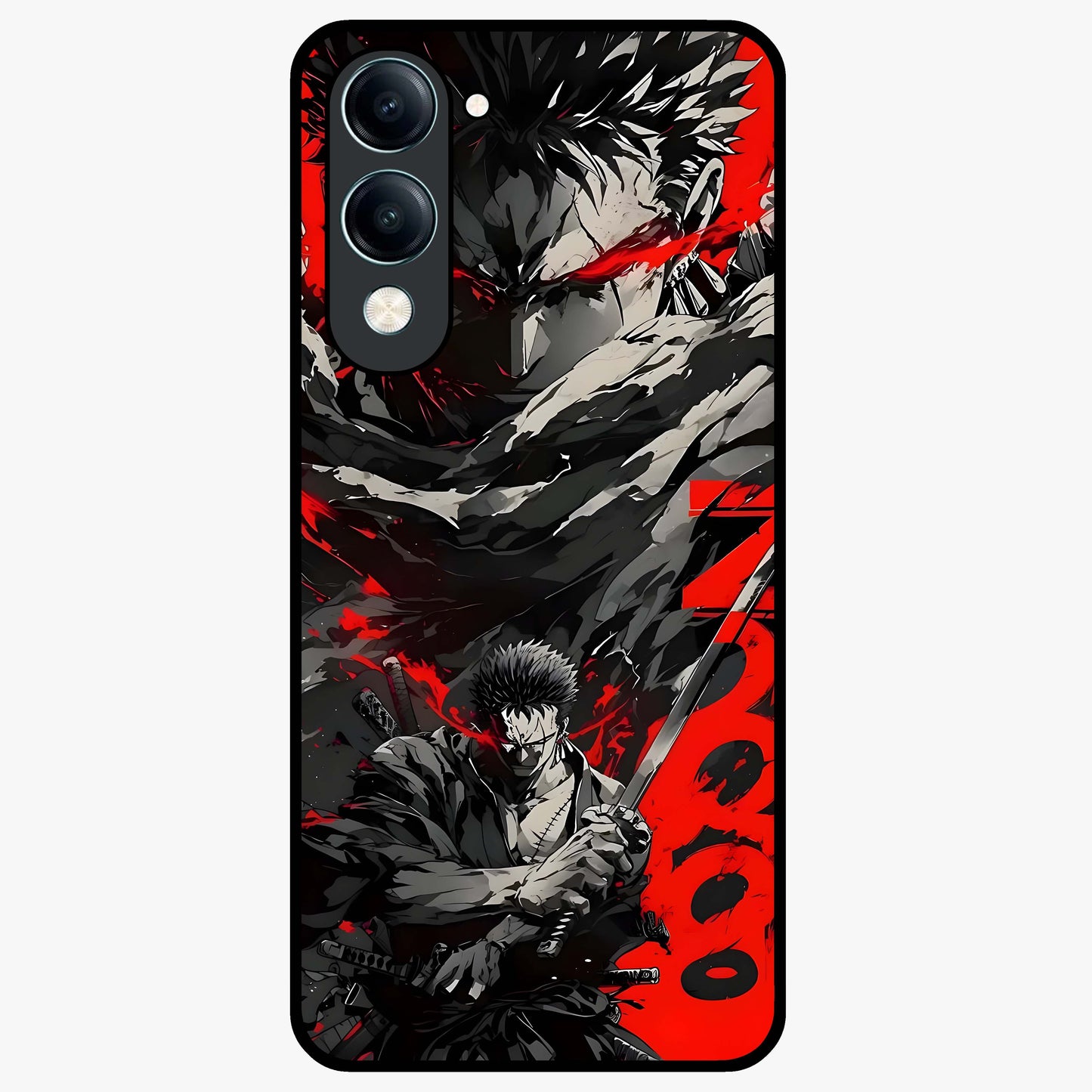 Demon Sword Resolve Glass Case showing flat back view with fierce sword warrior artwork and glossy glass finish.