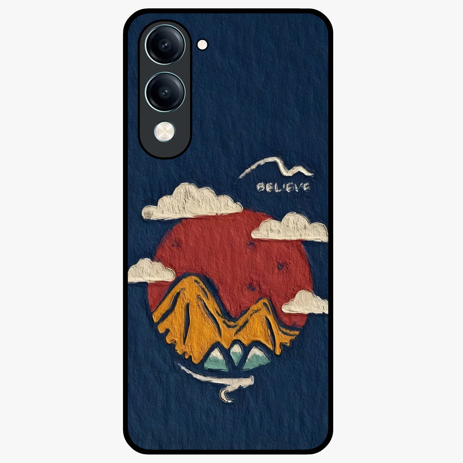 Dream Beyond Mountains Glass Case showing flat back view with scenic mountain landscape artwork and glossy glass finish.