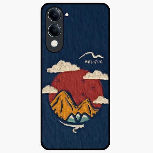 Dream Beyond Mountains Glass Case showing flat back view with scenic mountain landscape artwork and glossy glass finish.