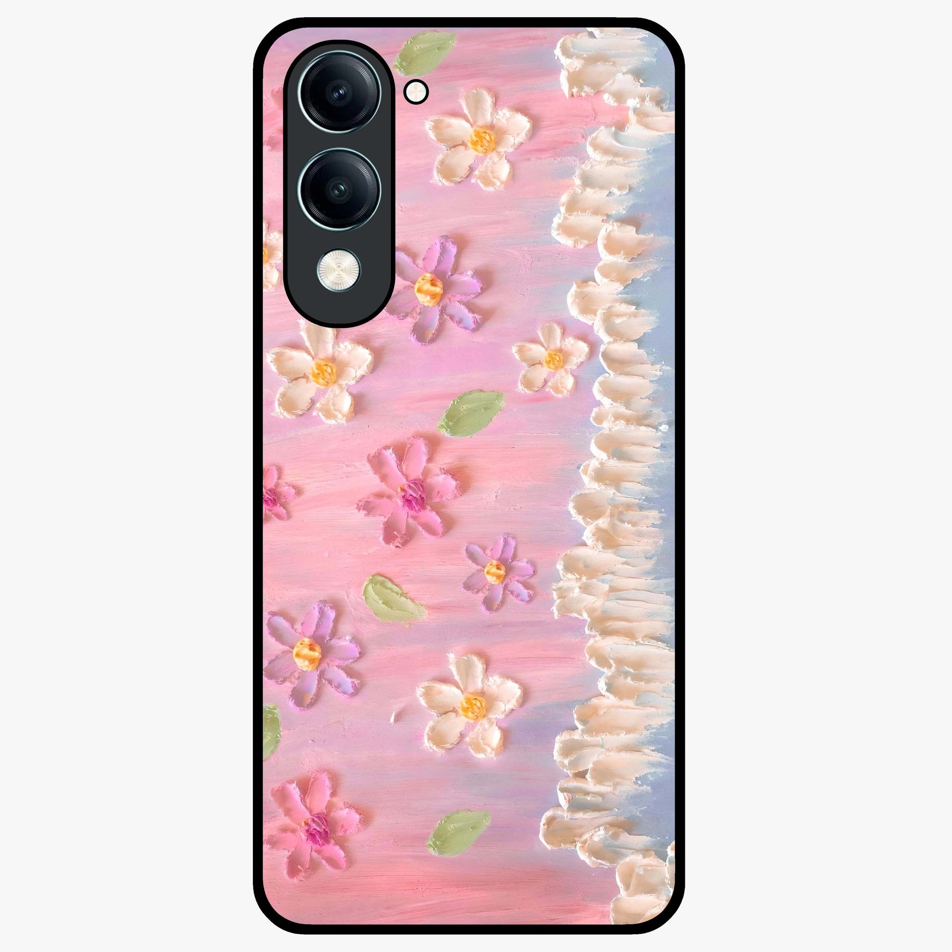 Dreamy Painted Garden Glass Case showing flat back view with artistic painted floral garden artwork and glossy glass finish.