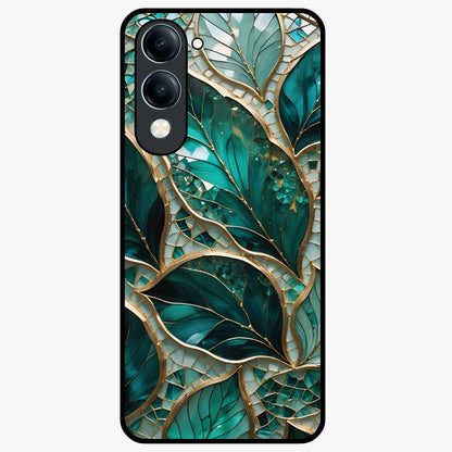 Emerald Leaf Glass Glass Case showing flat back view with emerald green leaf artwork and glossy glass finish.