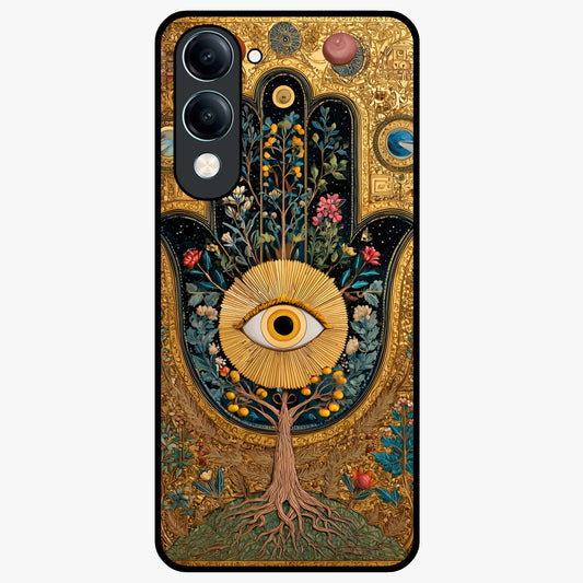 Ethereal Evil Eye Glass Case showing flat back view with mystical evil eye artwork and glossy glass finish.