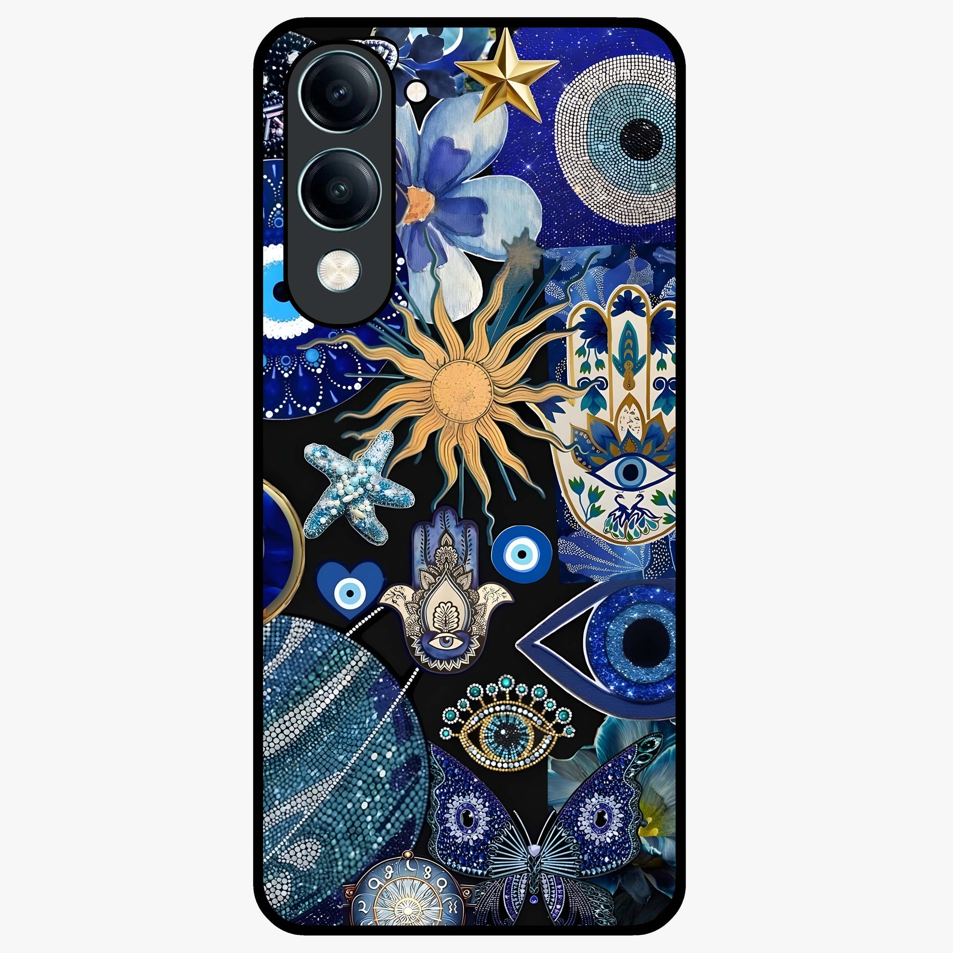 Evil Eye Charm Mix Glass Case showing flat back view with multiple evil eye charms artwork and glossy glass finish.