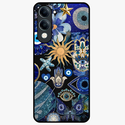 Evil Eye Charm Mix Glass Case showing flat back view with multiple evil eye charms artwork and glossy glass finish.
