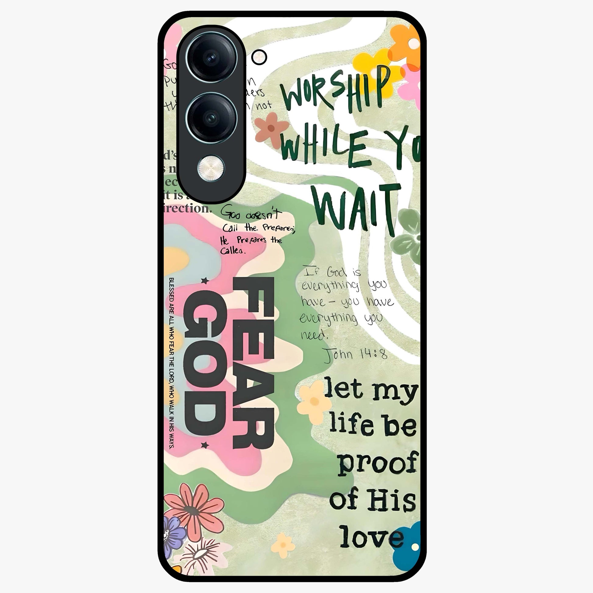 Faith Over Fear Glass Case showing flat back view with motivational typography artwork and glossy glass finish.