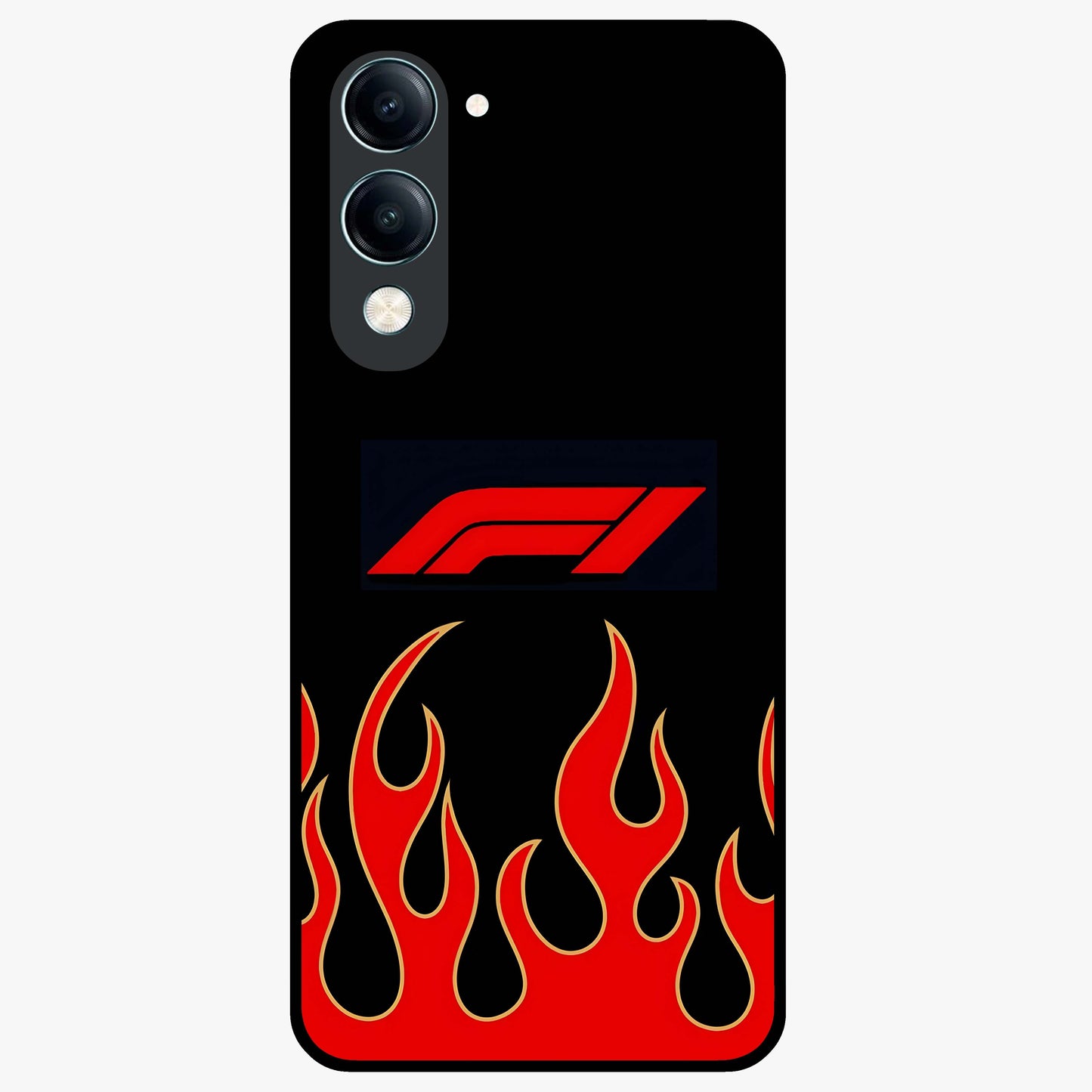Fire F11 Glass Case showing flat back view with fiery themed artwork and glossy glass finish.