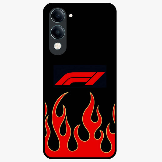 Fire F11 Glass Case showing flat back view with fiery themed artwork and glossy glass finish.