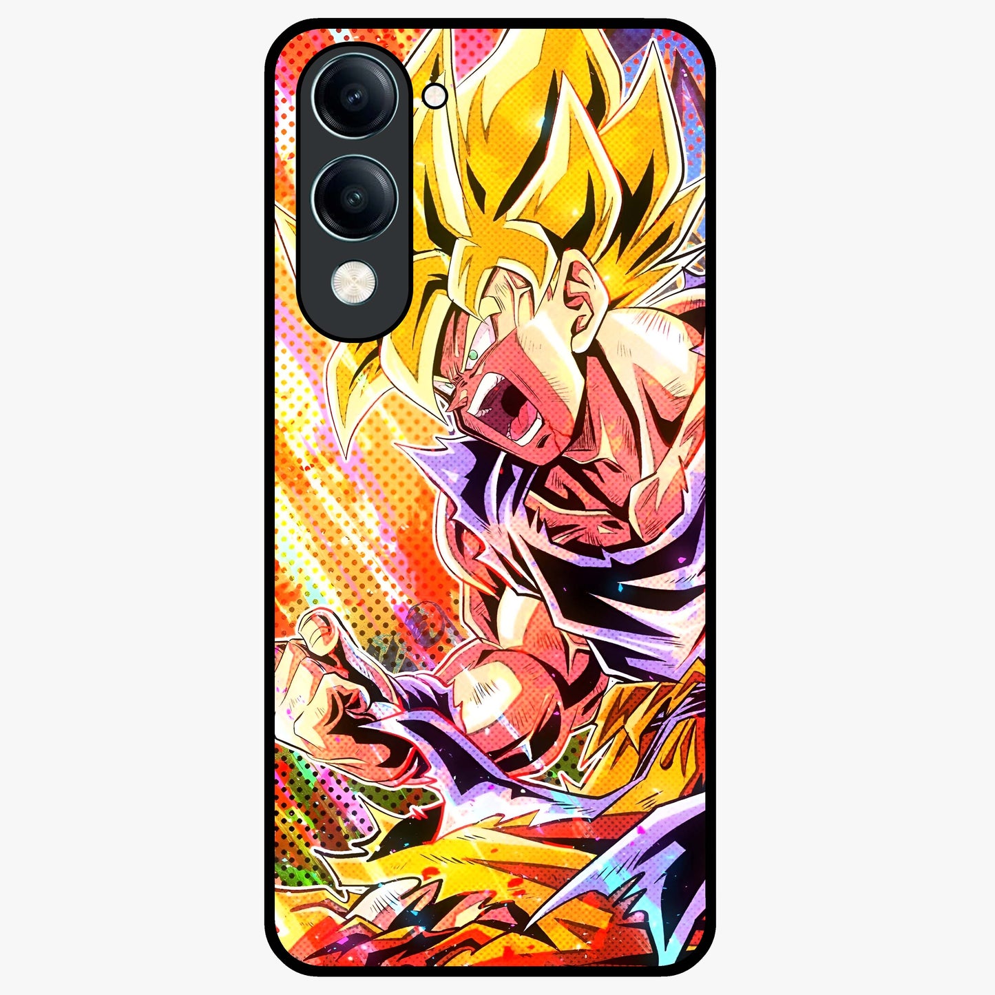 Firing Goku Glass Case showing flat back view with powerful anime inspired artwork and glossy glass finish.