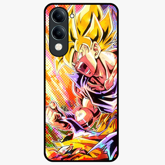 Firing Goku Glass Case showing flat back view with powerful anime inspired artwork and glossy glass finish.