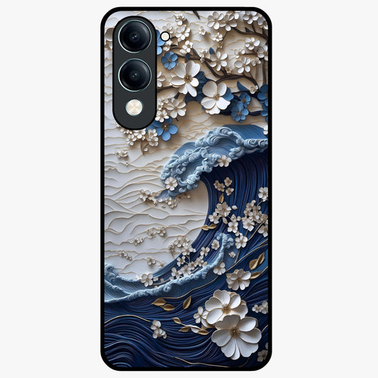 Floral Wave Origami Glass Case showing flat back view with origami inspired floral wave artwork and glossy glass finish.