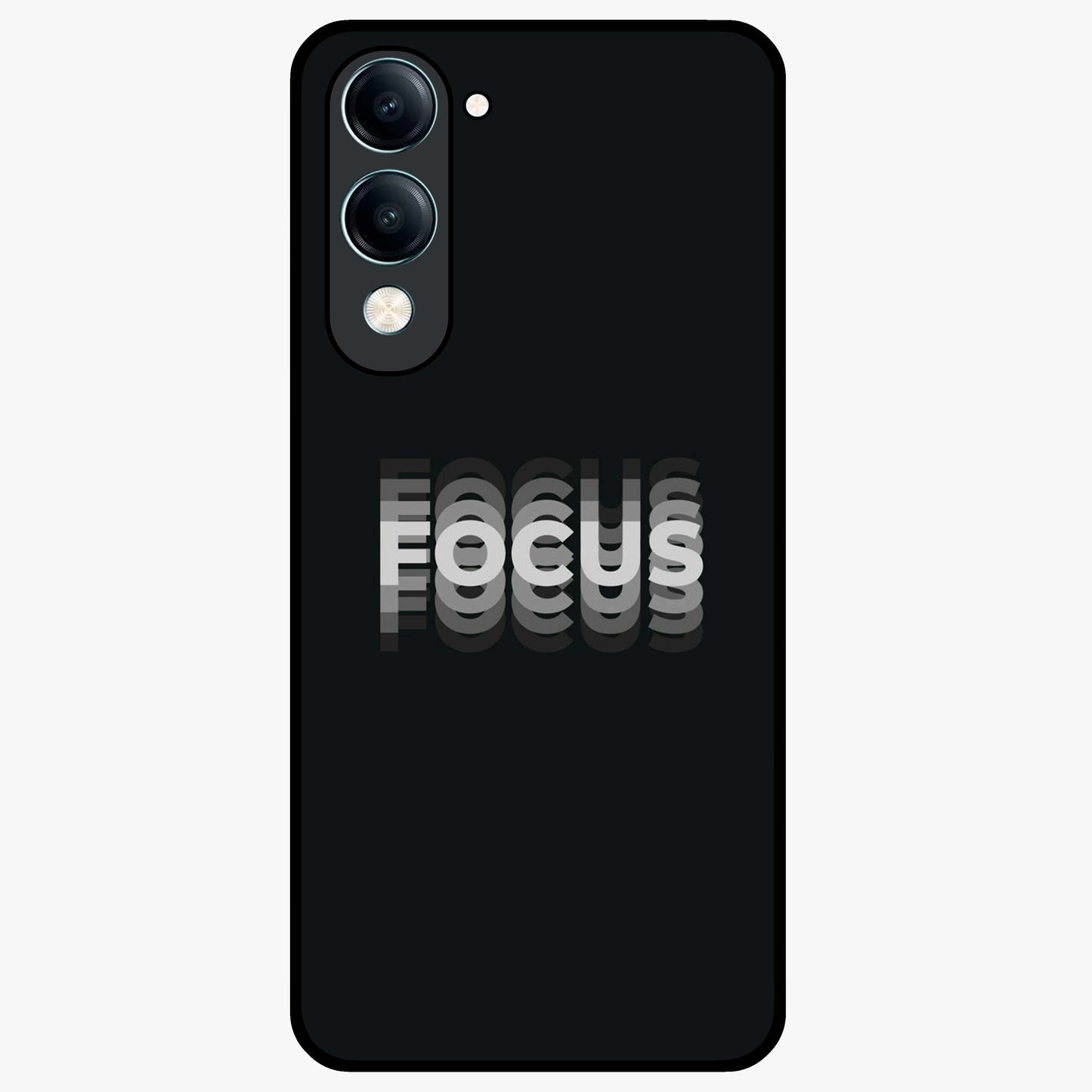 Focus Mode On Glass Case showing flat back view with bold motivational typography design and glossy glass finish.