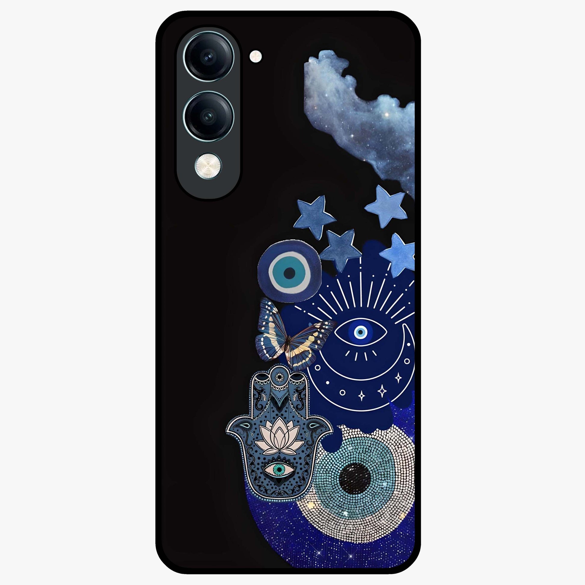 Galactic Charm Cluster Glass Case showing flat back view with glowing celestial charm artwork and glossy glass finish.
