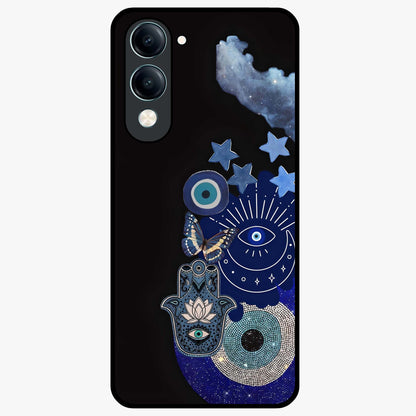 Galactic Charm Cluster Glass Case showing flat back view with glowing celestial charm artwork and glossy glass finish.