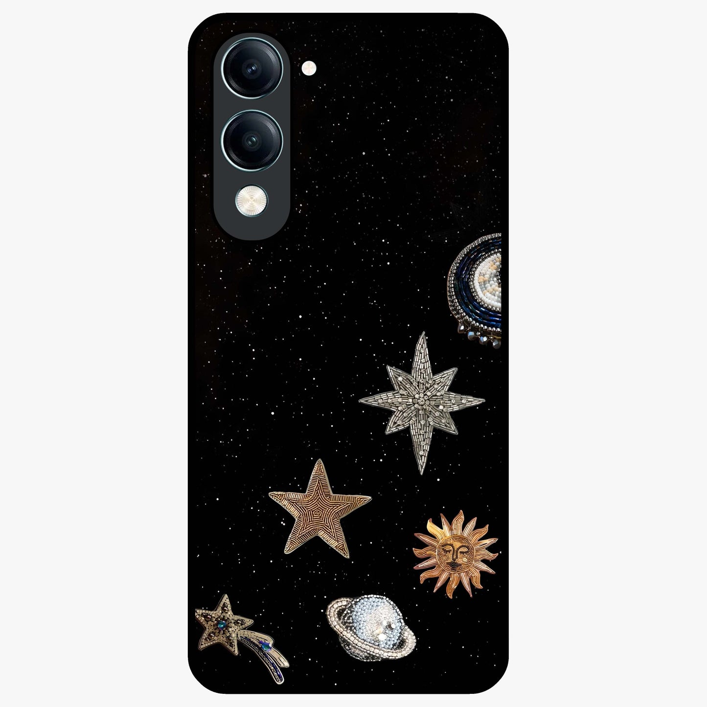 Galactic Charm Glow Glass Case showing flat back view with glowing celestial charm artwork and glossy glass finish.