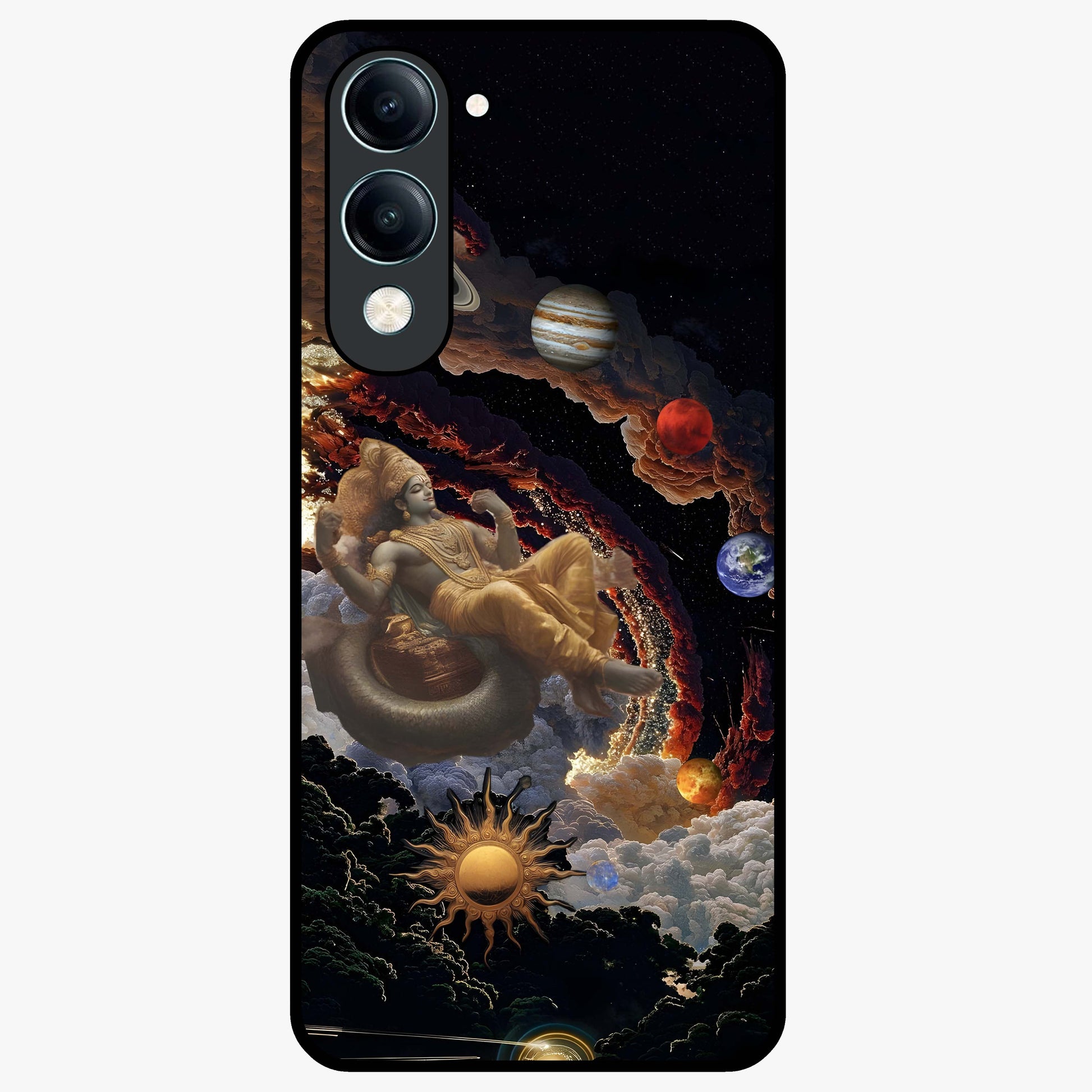 Galactic Divine God Glass Case showing flat back view with divine cosmic themed artwork and glossy glass finish.