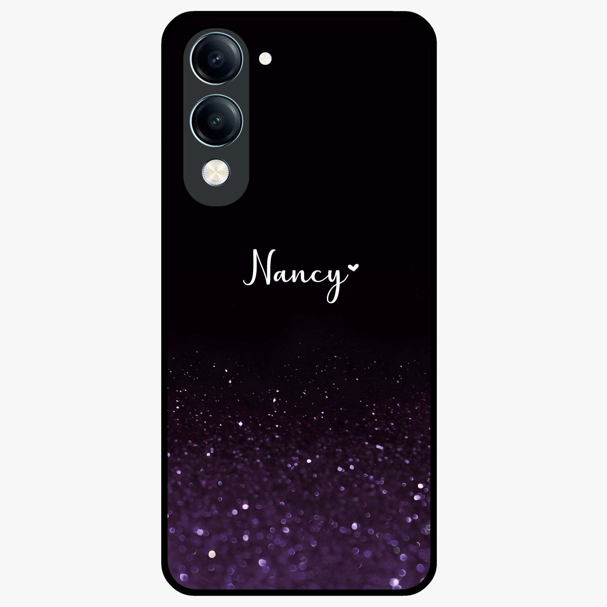 Glittery Purple Bokeh Custom Name Glass Case showing flat back view with purple bokeh sparkle artwork and personalized name design.