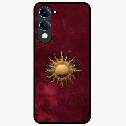Gold Sun Blush Glass Case showing flat back view with golden sun inspired artwork and glossy glass finish.