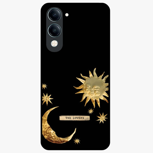 Golden Celestial Charm Glass Case showing flat back view with golden celestial charm artwork and glossy glass finish.