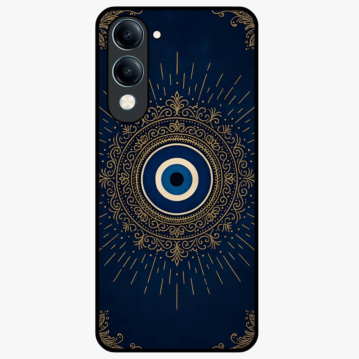 Golden Evil Eye Mandala Glass Case showing flat back view with intricate evil eye mandala artwork and glossy glass finish.