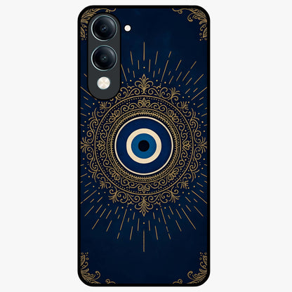 Golden Evil Eye Mandala Glass Case showing flat back view with intricate evil eye mandala artwork and glossy glass finish.