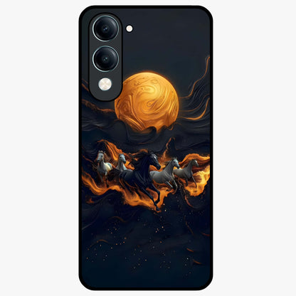 Golden Stallion Moonride Glass Case showing flat back view with majestic horse under moonlight artwork and glossy glass finish.